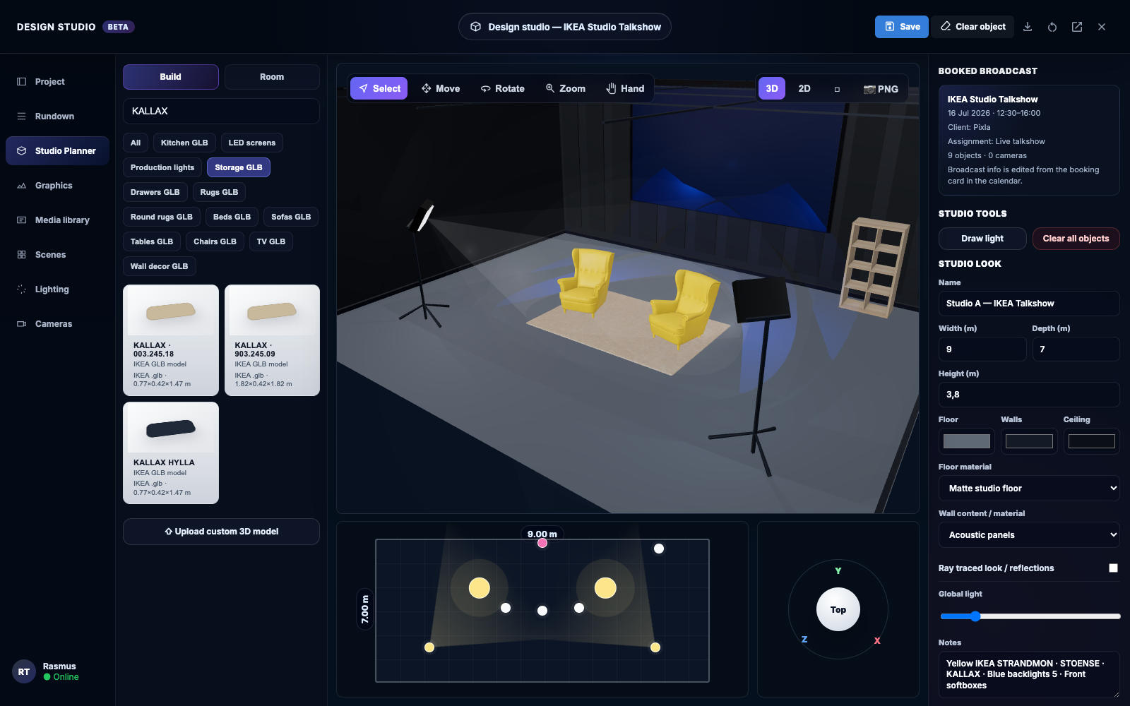 Pixla 3D Studio Designer with yellow IKEA STRANDMON armchairs, a STOENSE rug, a KALLAX shelf, blue backlights and front softboxes