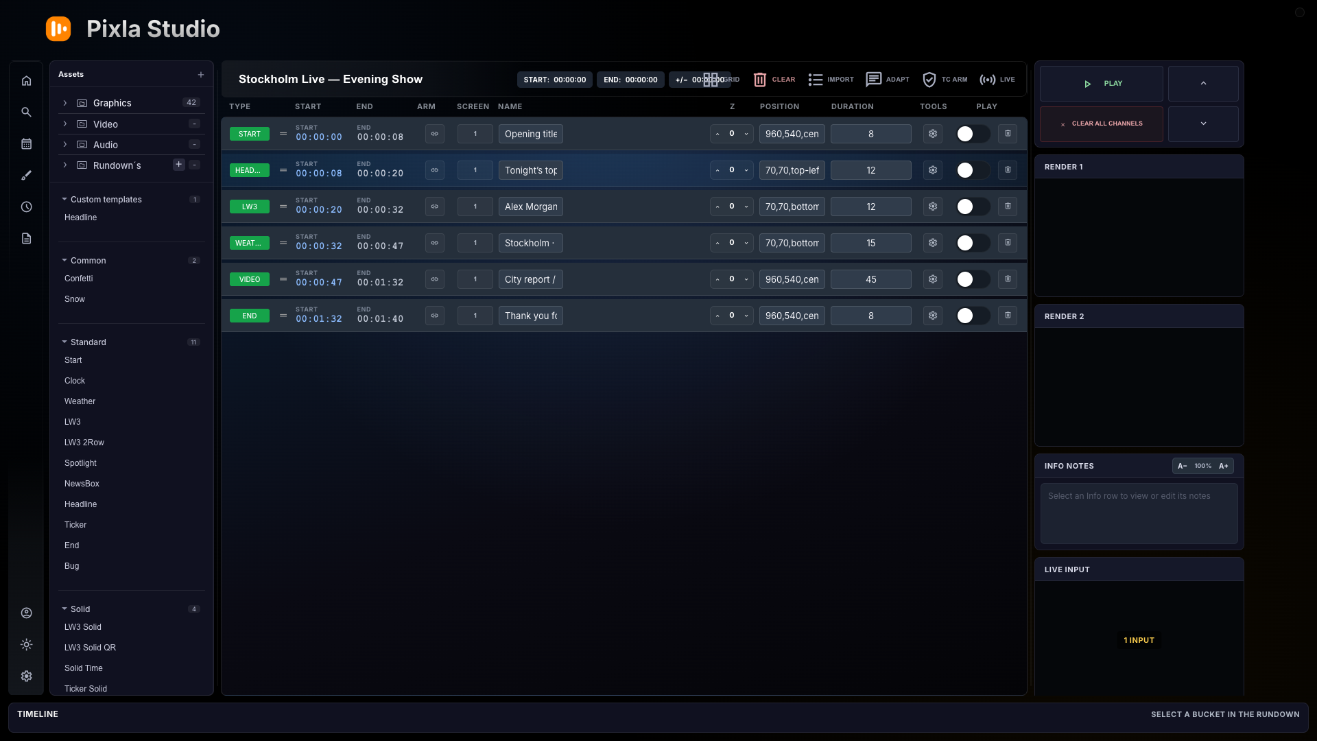 Pixla controller showing templates, render outputs, a live rundown and its timeline