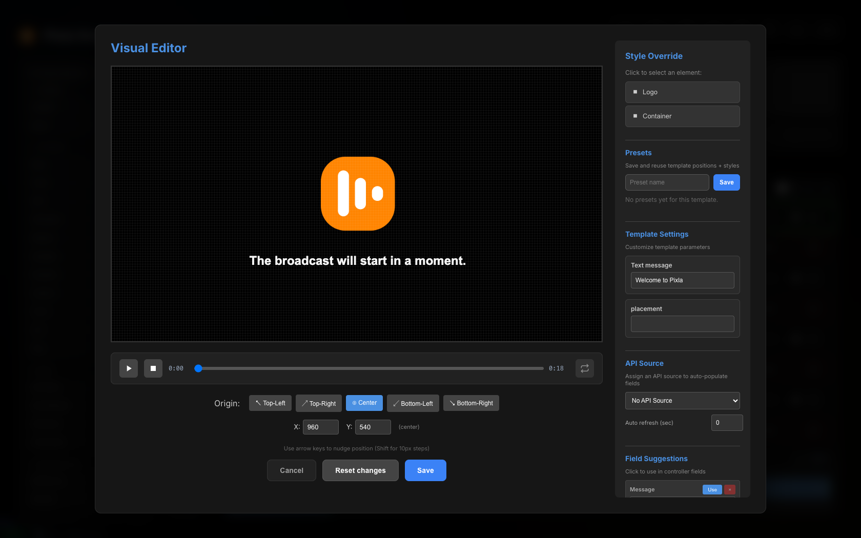 Pixla visual position editor