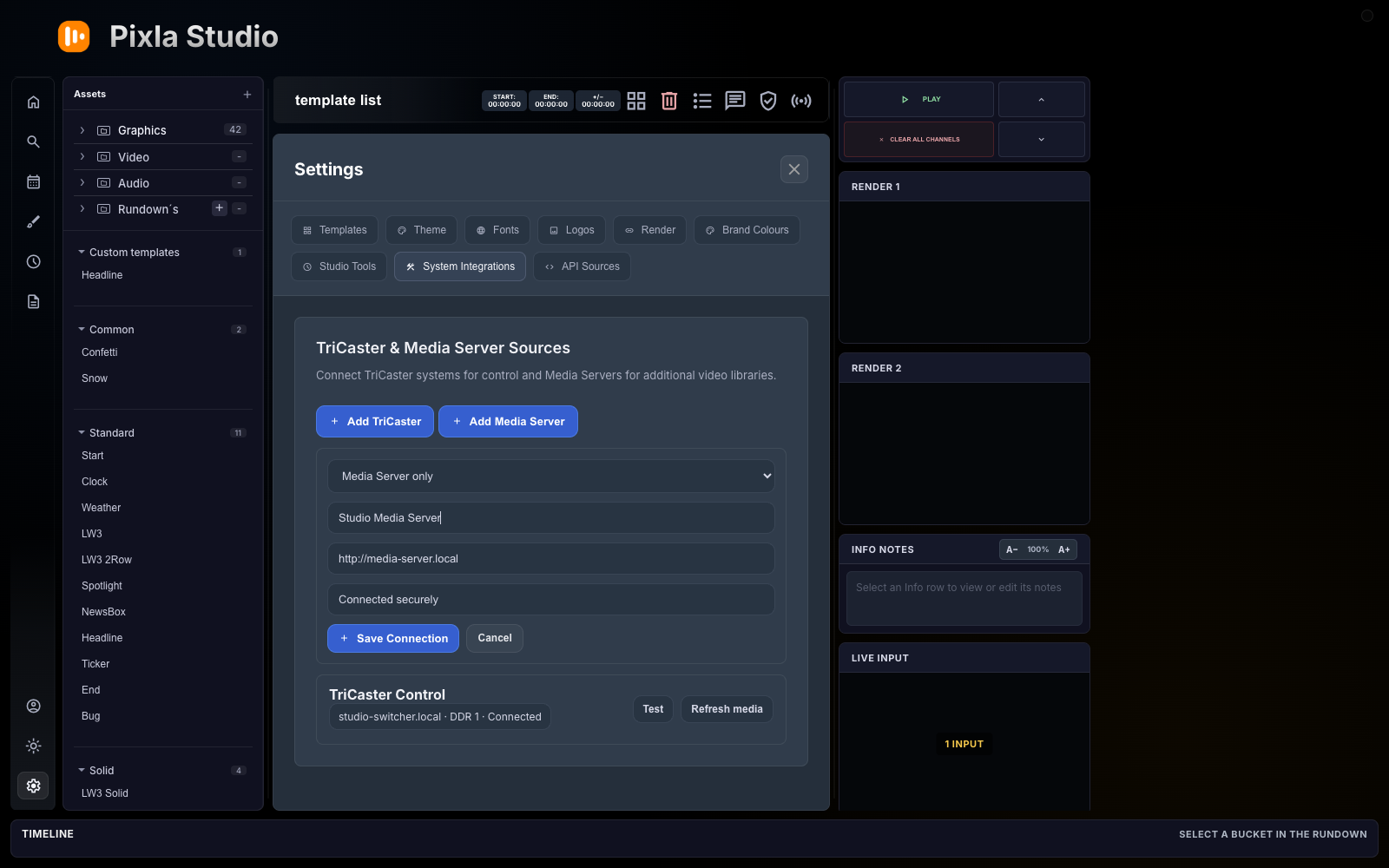 Pixla media library connection for TriCaster and media servers