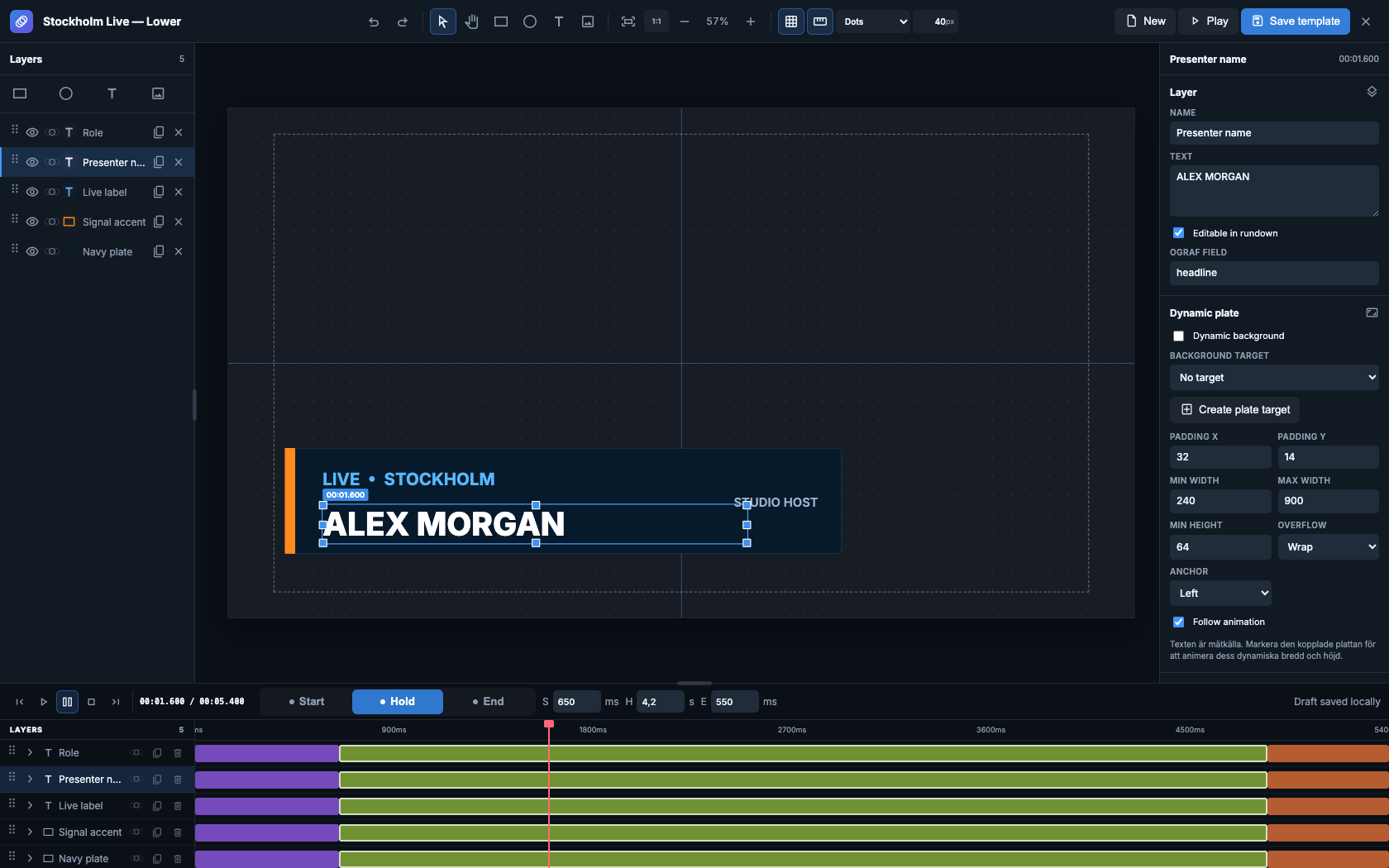 New Pixla OGraf editor showing layers, a broadcast canvas, properties and animation timeline