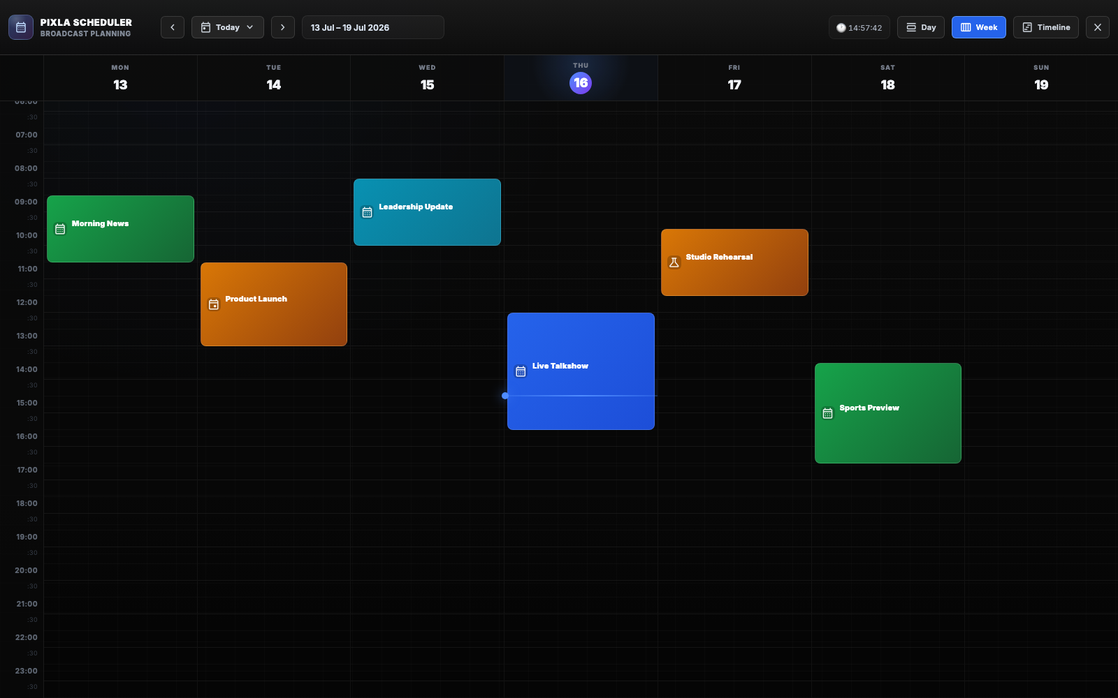 Pixla Scheduler showing a week of planned broadcasts and studio bookings