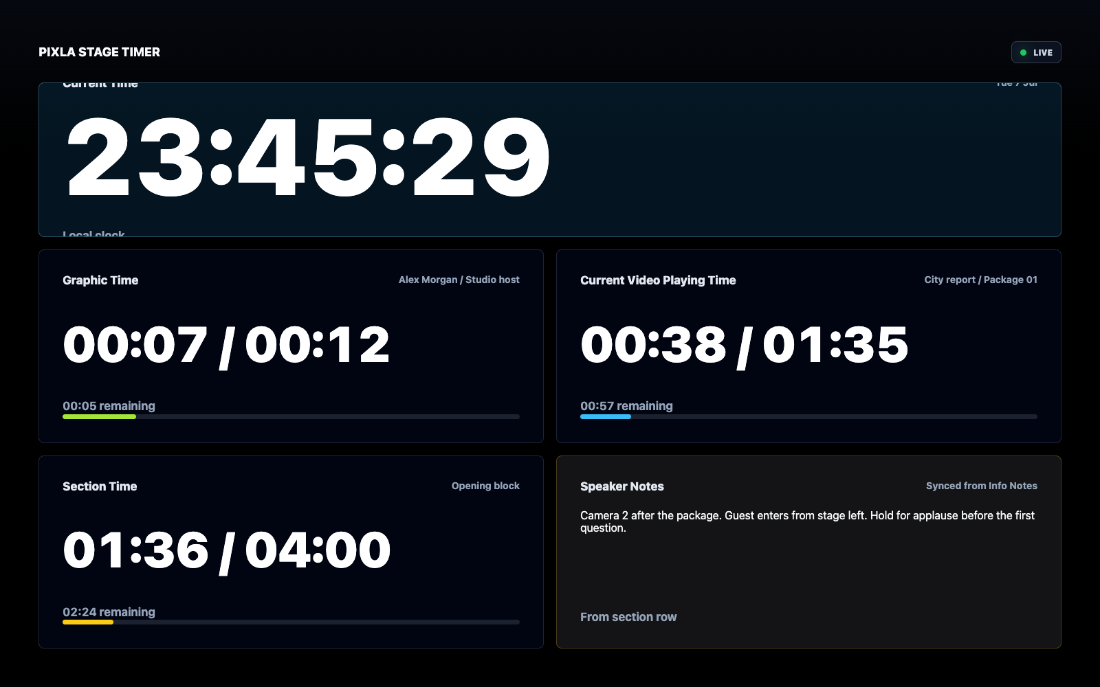 Pixla Stage Timer with live graphic, video and section timing